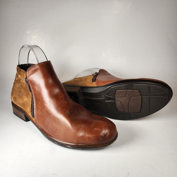 Naot Shoes - NAOT Women's Helm Ankle Boot 38 / 7 Maple Brown Leather Suede Side Zip